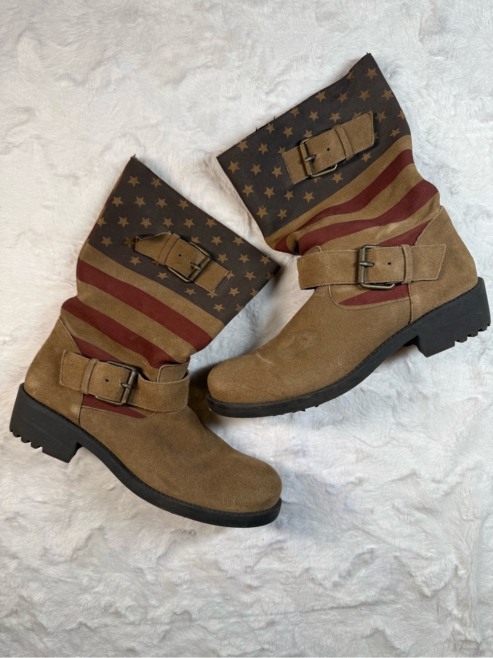 Sbicca Brown Suede Ankle Boots with Flag Print Shaft